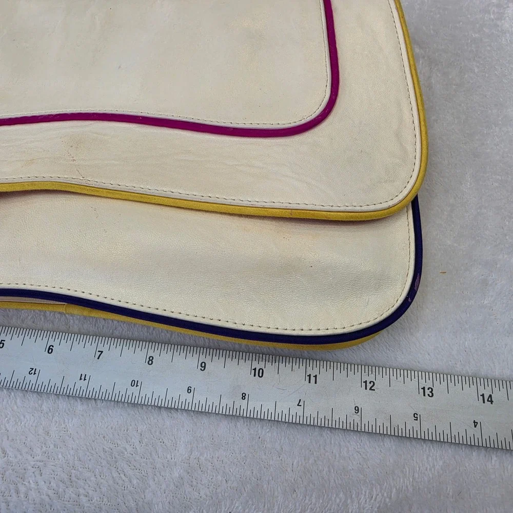 Kooba Leather Oversized Clutch Bag Cream with Multicolor Piping Wristlet Strap